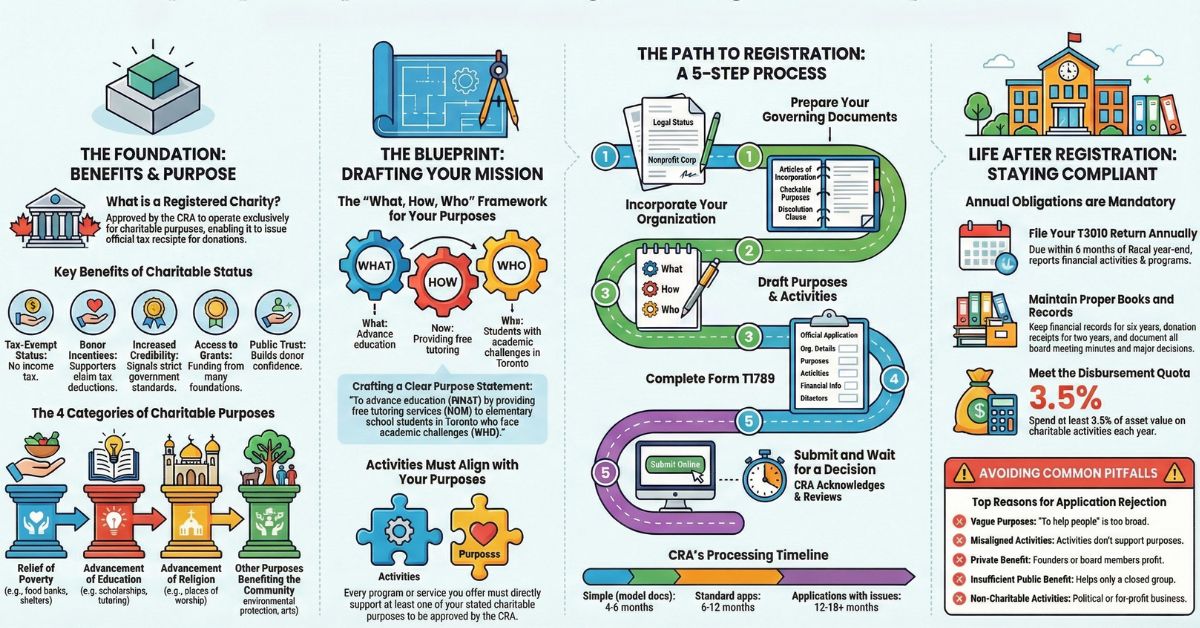 Toronto charity registration step-by-step infographic.